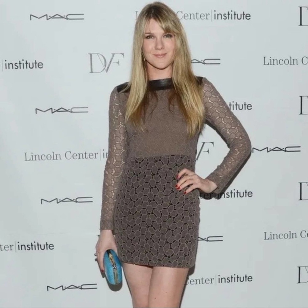 Diane Von Furstenberg Sarita Pebble Lace Leather Trim Dress Size 10
